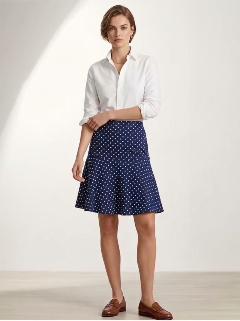 Lauren Ralph Lauren Navy Polka Dot Drop Waist A-Line Skirt 8 Preppy Knee Length